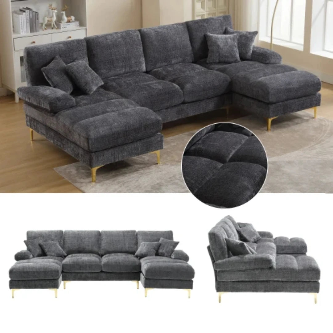 U-Vormige Bank – Hoekbank – Loungebank – Moderne Bank – Chenille Bekleding – Houten Frame – Gouden Metalen Poten