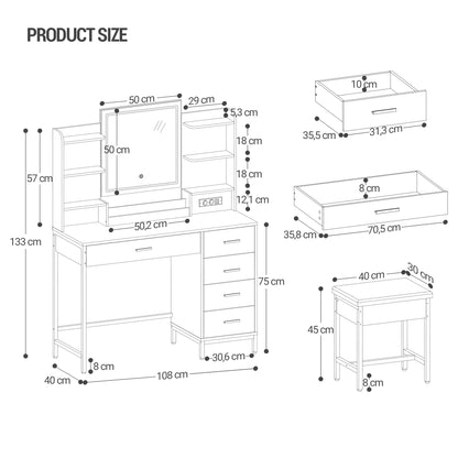 Make-up Tafel – Kaptafel – Schminktisch – Toelettafel – Dressing Table – Met LED-Verlichting en HD Spiegel – 108x40x140 cm – MDF Wit met 5 Lades en USB-stopcontact