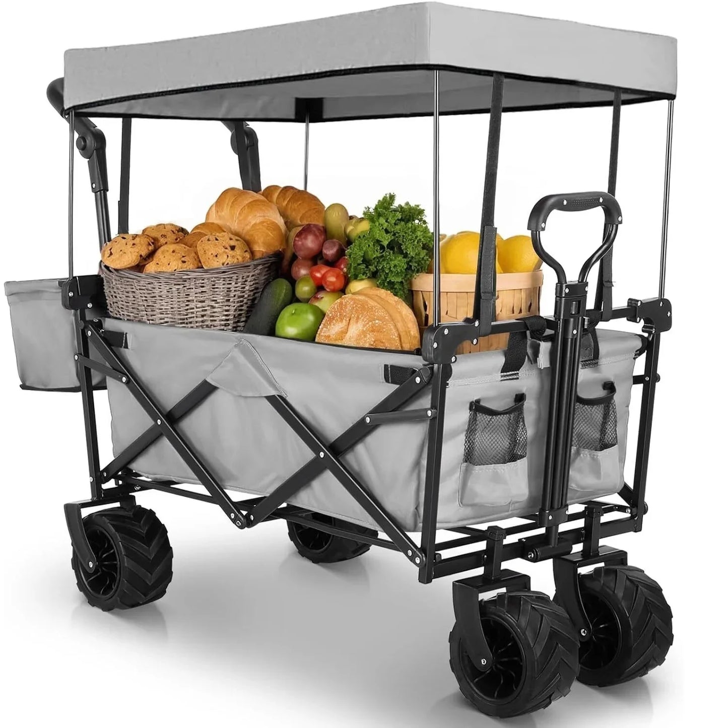Opvouwbare Bolderkar - Inklapbare Bolderkar - Bolderkar - Verwijderbare Luifel - 262L Transportkar - 115kg Draagvermogen - Grote Offroad Wielen - Tuin - Strand - Zwaar Belastbaar - Camping - Zwart - QUORE