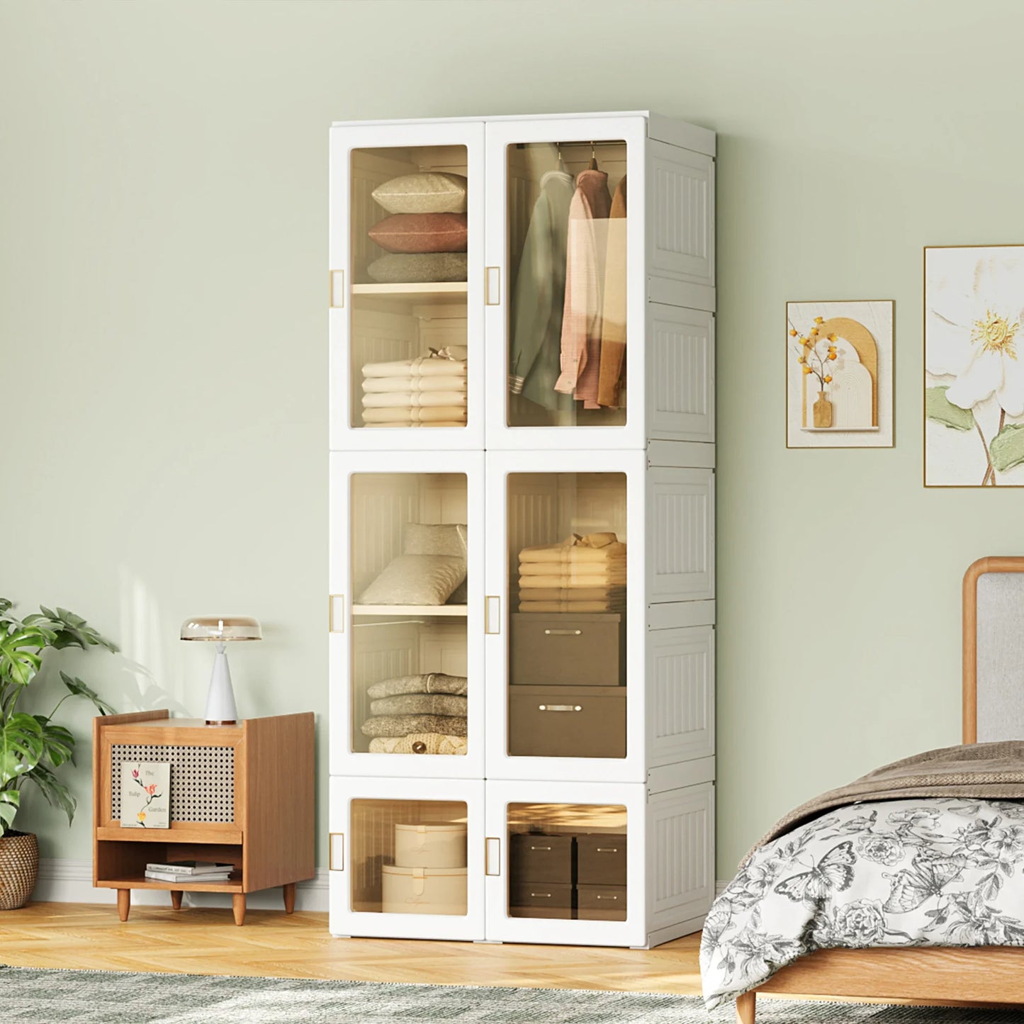 Kledingkast – Opbergkast – Garderobekast – Slaapkamerkast – Witte Kast – 170x69x50 cm – Vouwbaar Met Kledingstang – Transparante Magnetische Deuren