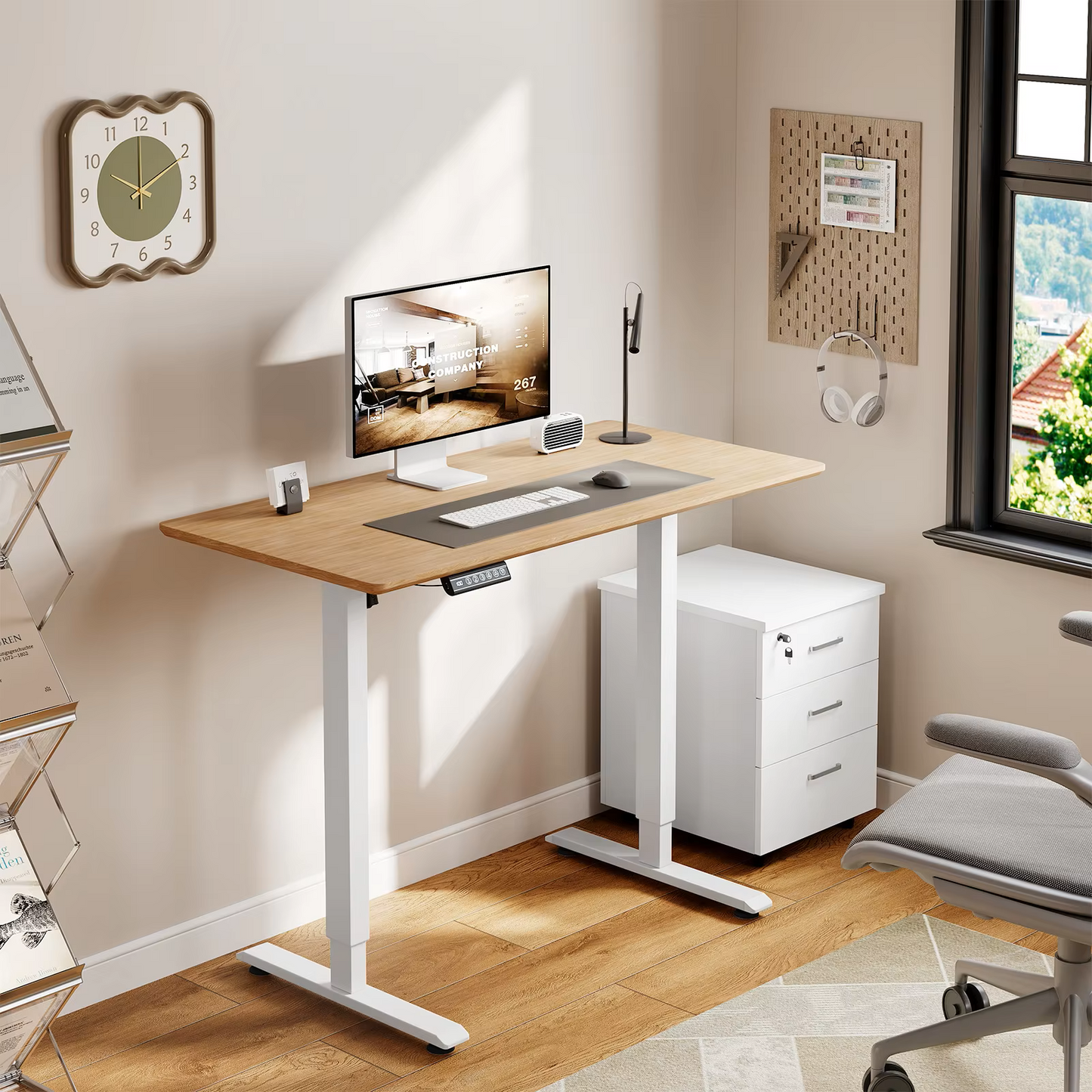 Bureauframe - Elektrisch Sta-bureaubeugel - Hefbureauframe - Verstelbaar - met USB-oplaadpoort - Geheugenbediening - voor Thuiskantoor - 29V - 60 x 135 x 120 cm - Wit - QUORE