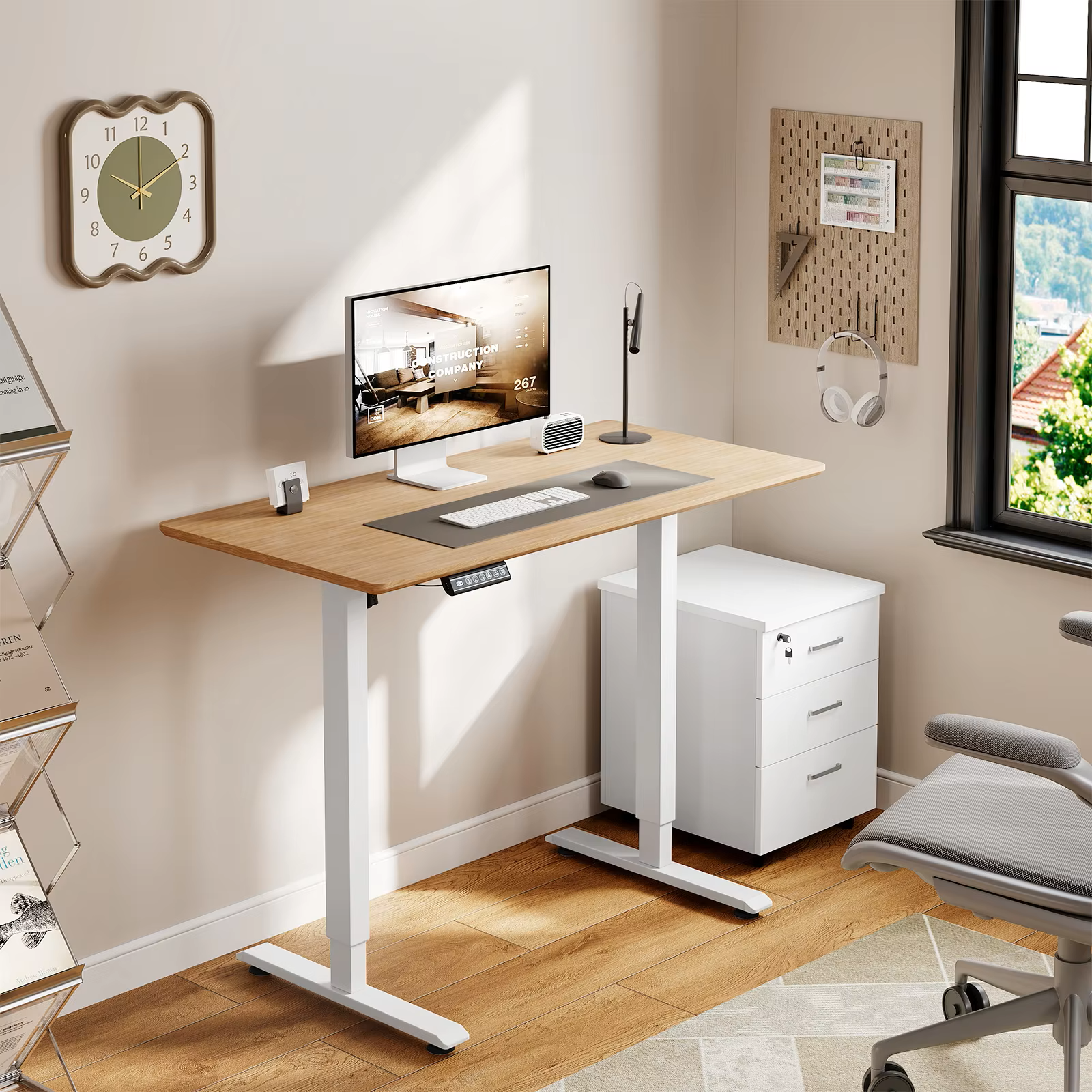 Bureauframe - Elektrisch Sta-bureaubeugel - Hefbureauframe - Verstelbaar - met USB-oplaadpoort - Geheugenbediening - voor Thuiskantoor - 29V - 60 x 135 x 120 cm - Wit - QUORE