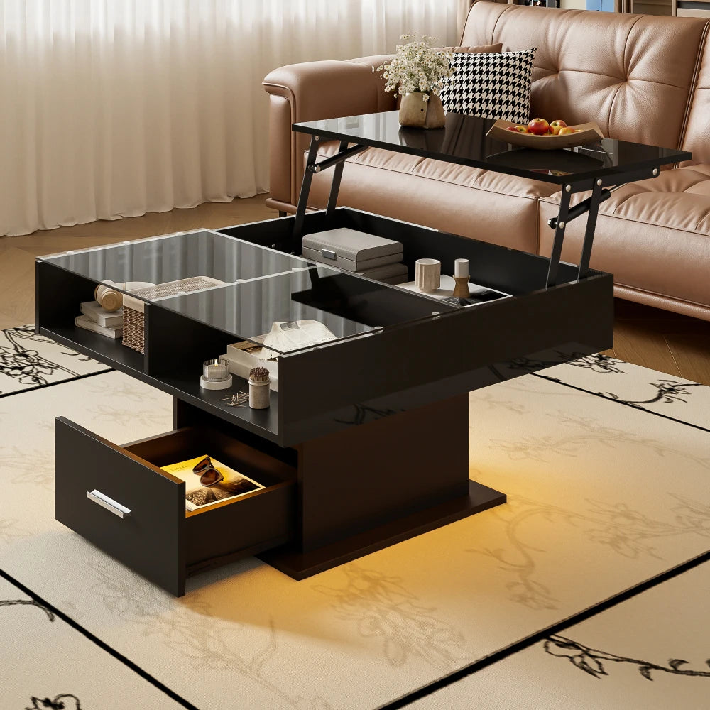 Salontafel – Koffietafel – Bijzettafel – Woonkamertafel – Multifunctionele Tafel – Verstelbare Hoogte – LED Verlichting – Hoogglans Zwart