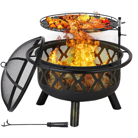 Vuurschaal - Vuurkorf - Multifunctioneel - met Vonkenvanger - Grillrooster - Omslag - Hoogte Verstelbaar - Voor verwarmen - BBQ - Buiten Koken - Rond - 75 x 75 x 58 cm - Zwart