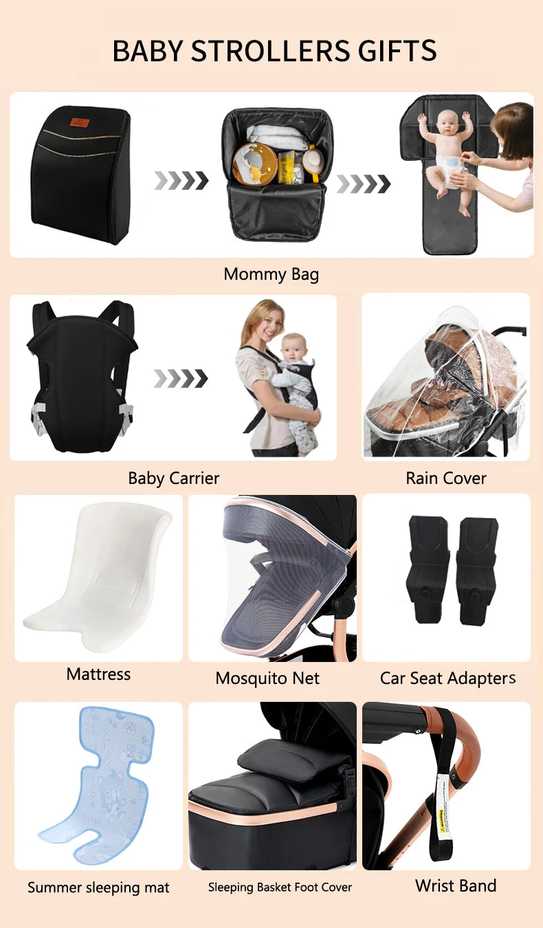 3 in 1 Baby Stroller with Leather Handle High Landscape Foldable Lightweight Pushchair Reclining Seat for Newborn to Toddler