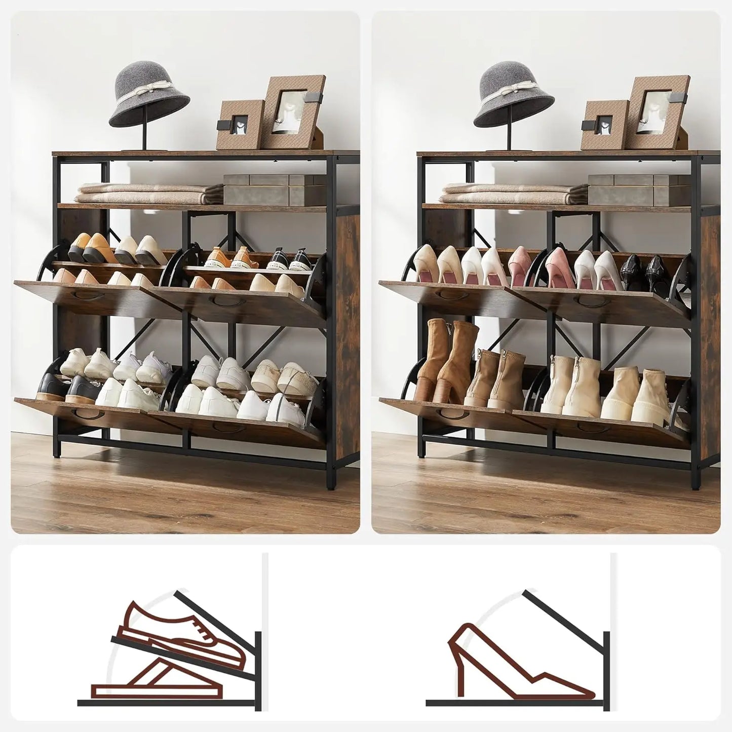 Schoenenkast - Schoenrek - 4 Flappen - 20 Paar Schoenen - Ruimtebesparend - Open Vakken - Accessoires - Verstelbare Voeten - 98.3x30x95cm - Houtplaat - Vinta Breun-Zwart - QUORE