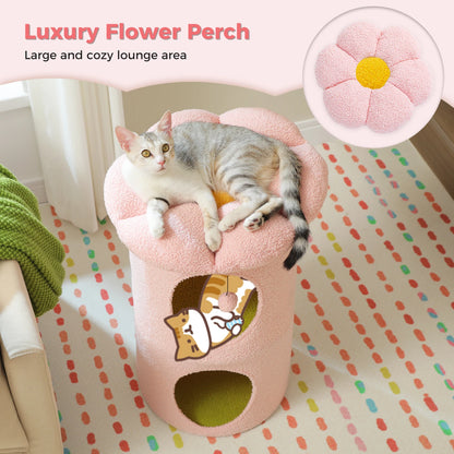 Kattenhuis - met 2 Verdiepingen - Binnen – Houten bed - met Afneembaar Bloemenkussen - Ruime Kattengrot - Hangspeeltje - Krabpaal - 73cm Hoog - Roze
