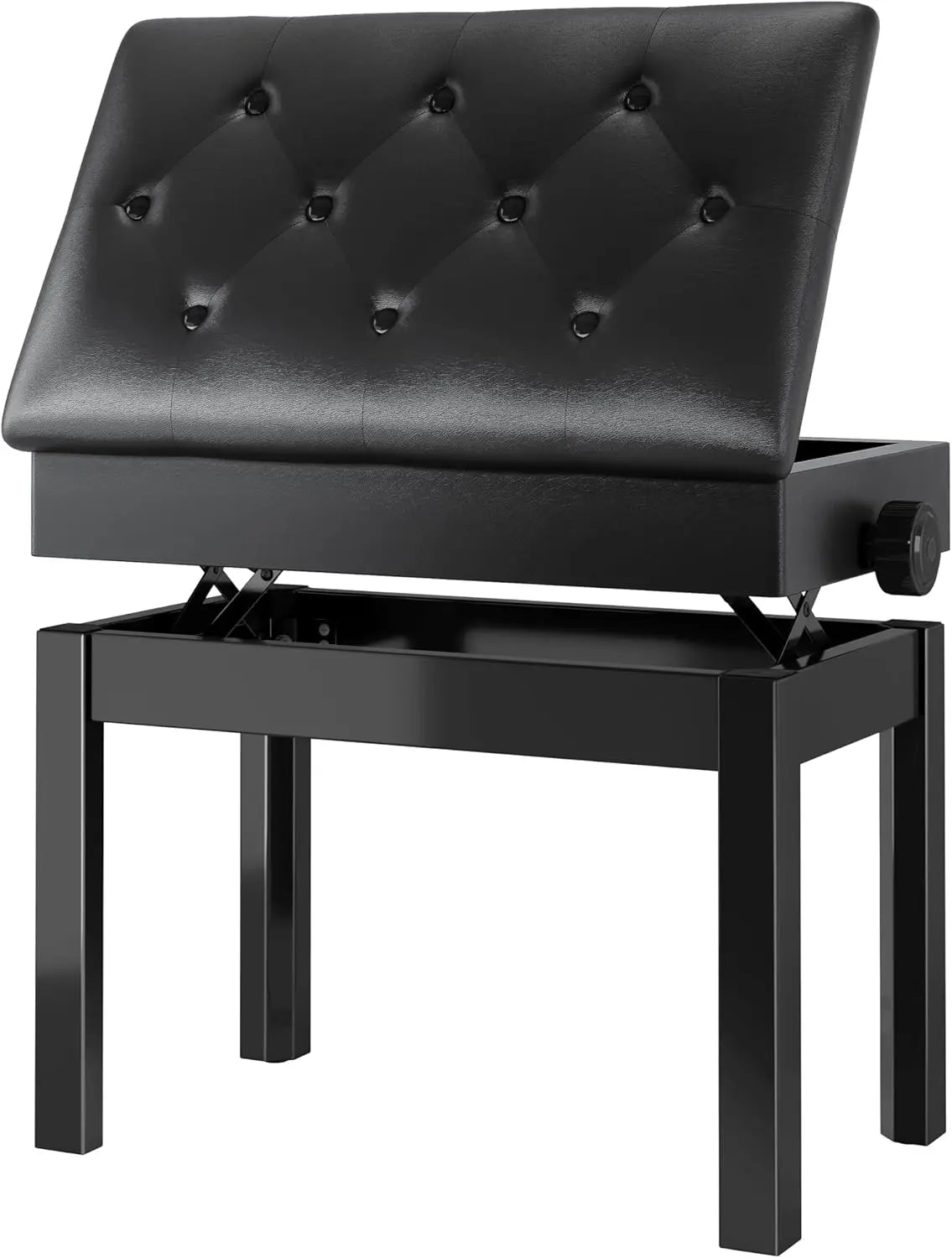 Pianokruk - Pianobank - Pianostoel - Verstelbare Pianobank met Opbergruimte – Zwart Kunstleer – 57x33x49-59cm – Comfortabele Zitting voor Volwassenen - QUORE