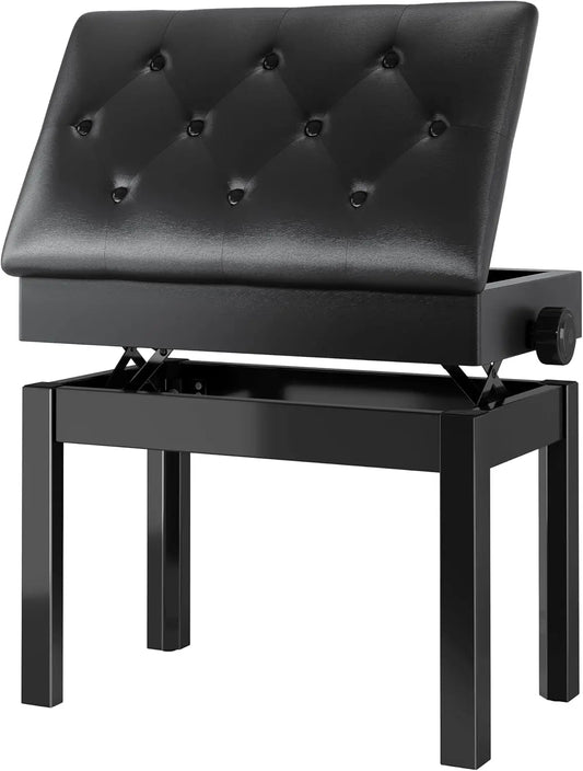 Pianokruk - Pianobank - Pianostoel - Verstelbare Pianobank met Opbergruimte – Zwart Kunstleer – 57x33x49-59cm – Comfortabele Zitting voor Volwassenen - QUORE