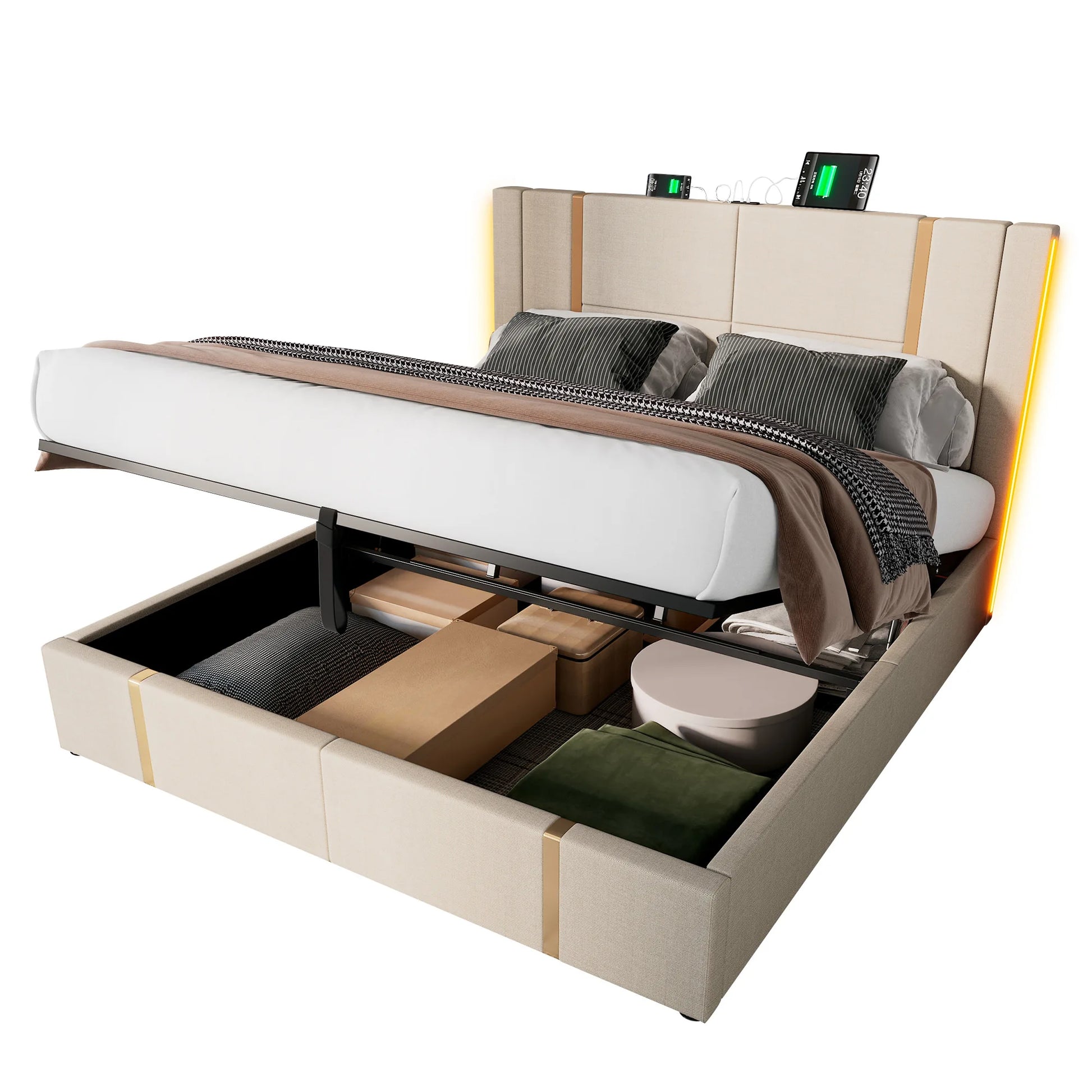 KOMHTOM Double bed USB Type C charging function APP control LED storage bed rack linen material without mattress - QUORE