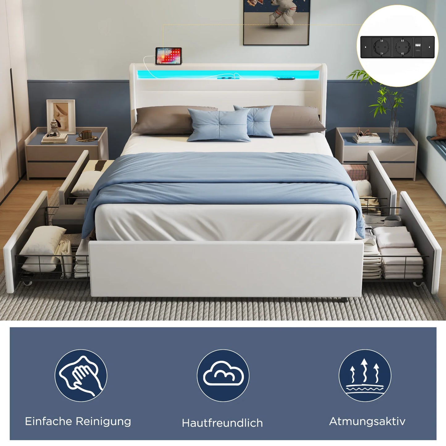 Modern Dubbelbed – Tweepersoonsbed – Bedframe – Opbergbed – Led Bed – Met LED-Verlichting – USB- en Type-C Aansluitingen – 160x200 cm – Wit Kunstleer - QUORE