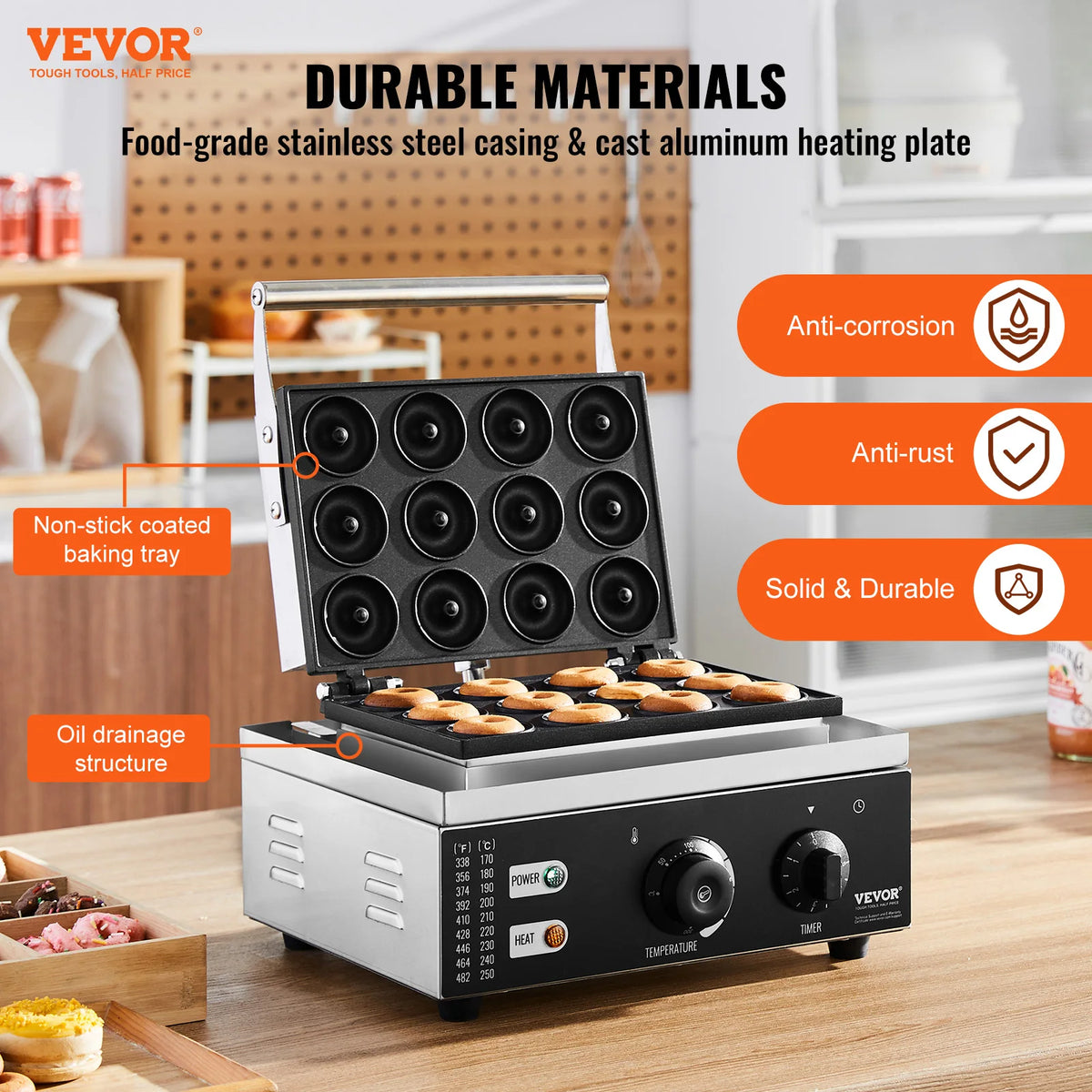 VEVOR 6/12 Hole Electric Donut Maker Commercial Doughnut Machine with Non-stick Surface Double-Sided Heating Waffle Machine