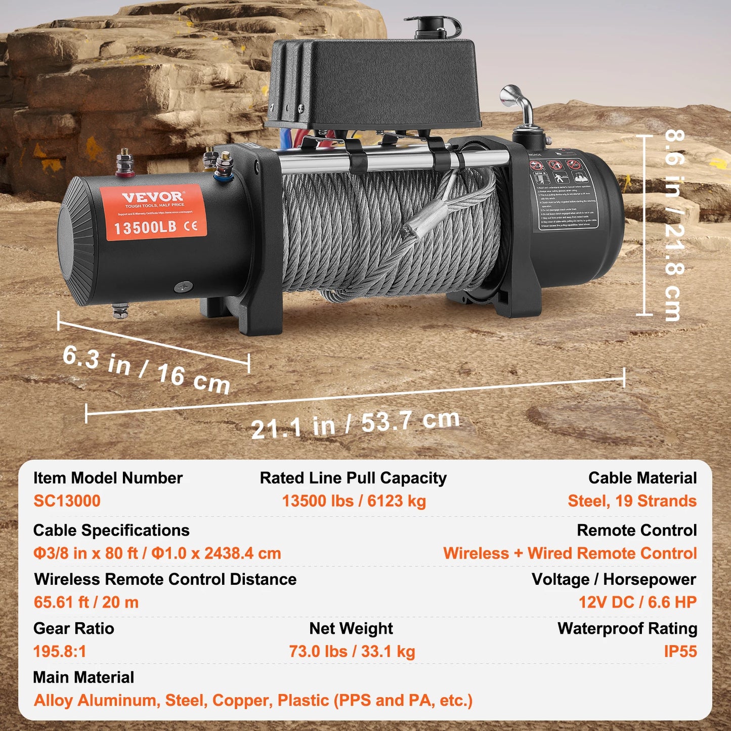 VEVOR 13500lbs Electric Winch 12V DC Truck Winch with 80 ft Steel Cable Wireless & Wired Remote Control for Towing Off-Road SUV
