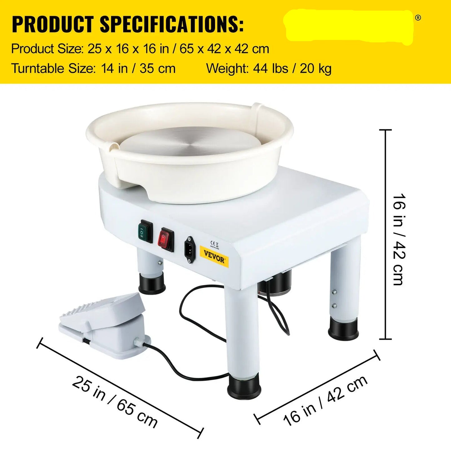 Pottenbakkersschijf - Aardewerk Wiel - Keramische Machine - Elektrisch Keramisch Wiel - 35 Cm - 450 W - Wit