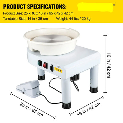 Pottenbakkersschijf - Aardewerk Wiel - Keramische Machine - Elektrisch Keramisch Wiel - 35 Cm - 450 W - Wit