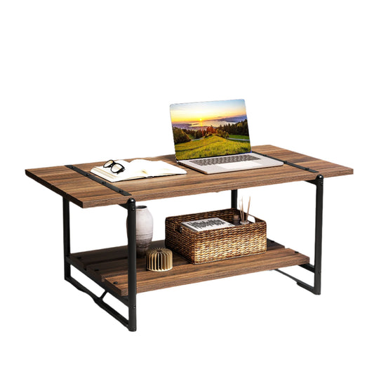 Coffee Table with Storage Space – 2-Layer Design – Metal Frame – Sturdy &amp; Stylish – Walnut Brown
