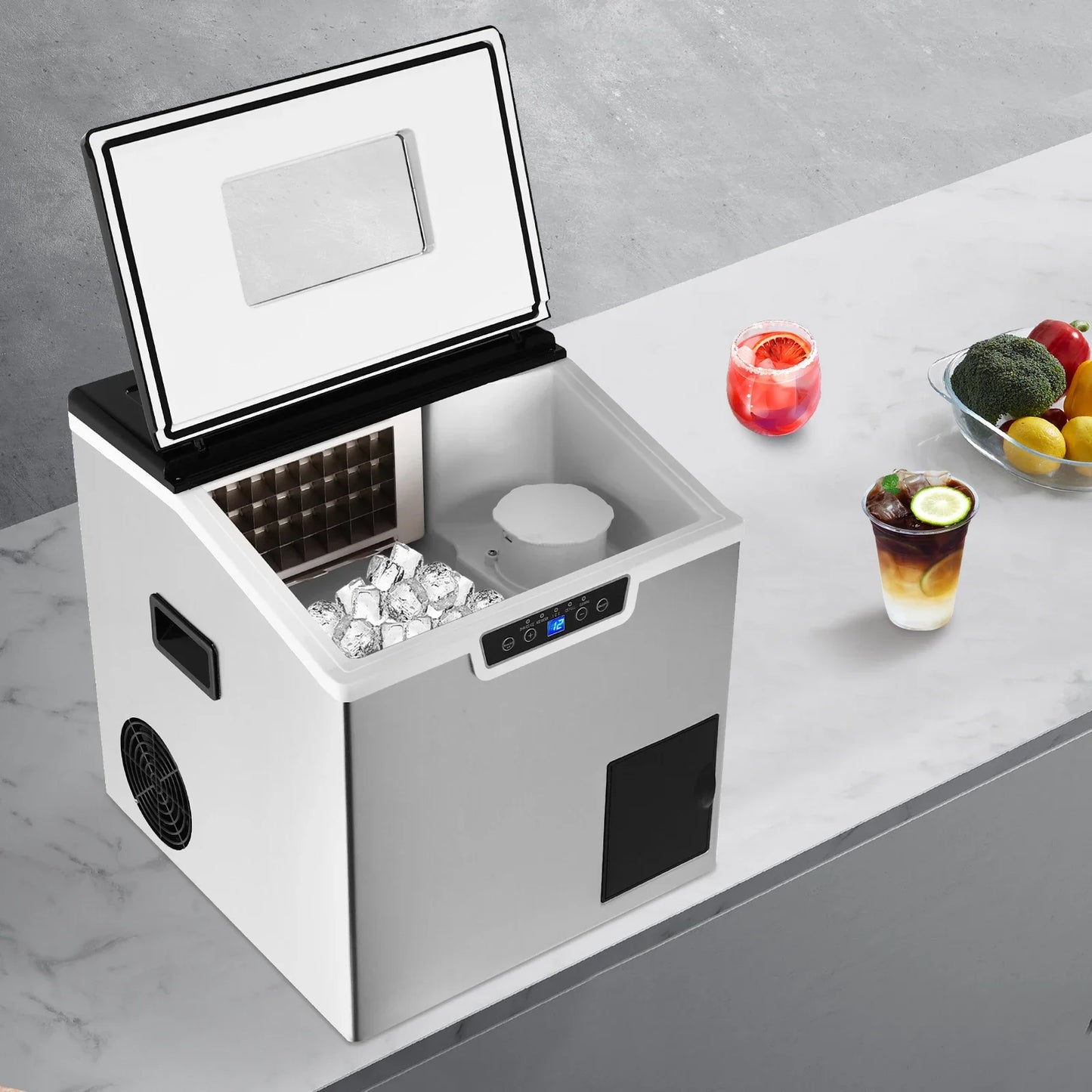 2-in-1 Ice Maker and Crusher, LCD Display, Auto Cleaning, Safety Alerts, Durable ABS & Stainless Steel, Perfect for Home or Cafe