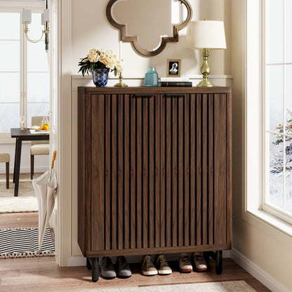 Schoenenkast – Houten Schoenenkast – Schoenen Opberger – Schoenenrek – Ventilerende Lamellendeuren – Verstelbare Planken – MDF Metalen Poten - 85 x 35 x 110 cm -  Donkere Walnoot - QUORE