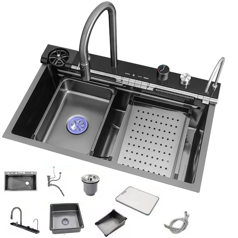 Keukenspoelbak – Spoelbak RVS – Enkele Bak – Keukenspoelbak RVS Enkele Bak – Waterspoelbak – 80x46 cm – 304 RVS – Digitale Watervalkraan geïntegreerd - QUORE