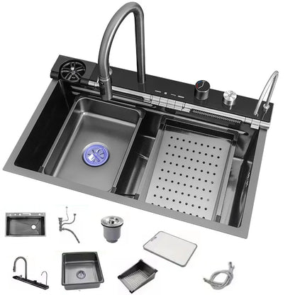 Keukenspoelbak – Spoelbak RVS – Enkele Bak – Keukenspoelbak RVS Enkele Bak – Waterspoelbak – 80x46 cm – 304 RVS – Digitale Watervalkraan geïntegreerd - QUORE