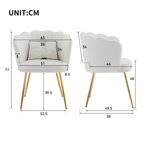Eetkamerstoelen – Set van 2 - Velours Stoel – Lounge Stoel – Fluwelen Fauteuil – Design Fauteuil – Bloembladdesign – Ergonomisch Zitcomfort – Vergulde Metalen Poten - Wit