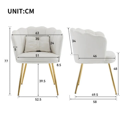 Eetkamerstoelen – Set van 2 - Velours Stoel – Lounge Stoel – Fluwelen Fauteuil – Design Fauteuil – Bloembladdesign – Ergonomisch Zitcomfort – Vergulde Metalen Poten - Wit