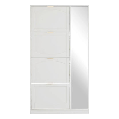 Schoenenkast – Schoenenrek – Schoenopberger – Schoenenmeubel – Spiegeldeur – Vier Uittrekbare Lades – Kantelbeveiliging - 80 x 24 x 147 cm - Wit - QUORE