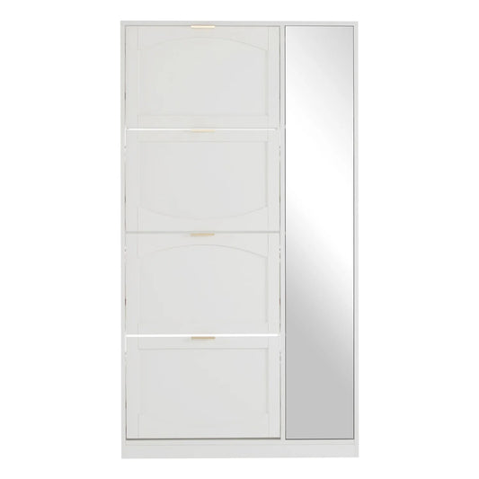 Schoenenkast – Schoenenrek – Schoenopberger – Schoenenmeubel – Spiegeldeur – Vier Uittrekbare Lades – Kantelbeveiliging - 80 x 24 x 147 cm - Wit - QUORE