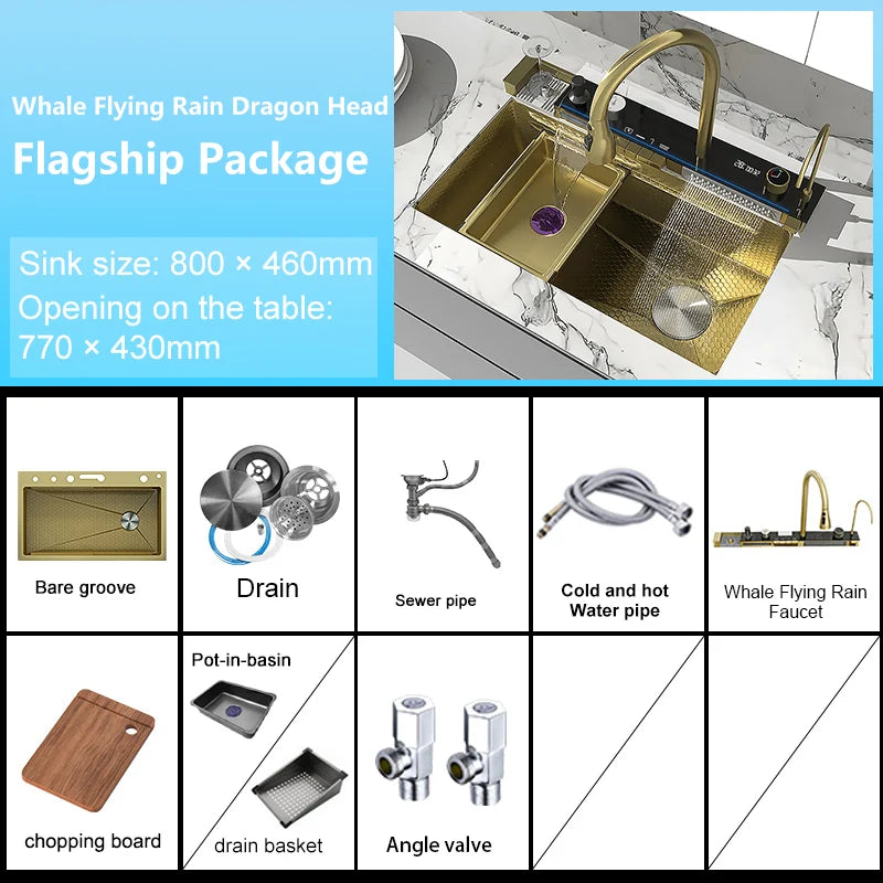 RVS Aanrecht – Keukenblad – Spoelbak – Werkblad – Wasbak – Waterval Kraan – Digitaal Display – 80x46x22 cm – Geborsteld Roestvrij Staal