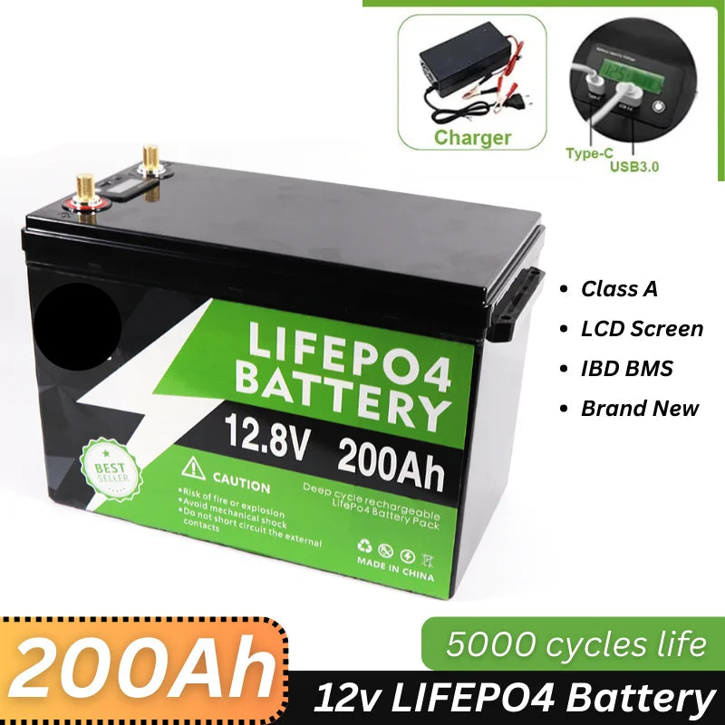12V LiFePO4 Batterij – Lithium-IJzerfosfaat Accu – Noodstroomvoorziening – Draagbare Batterij – 200Ah Capaciteit – 3000W Pure Sinusgolf Omvormer