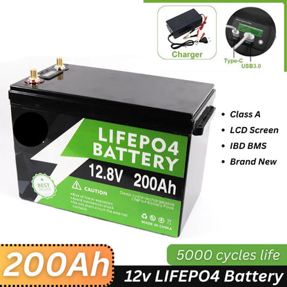 12V LiFePO4 Batterij – Lithium-IJzerfosfaat Accu – Noodstroomvoorziening – Draagbare Batterij – 200Ah Capaciteit – 3000W Pure Sinusgolf Omvormer