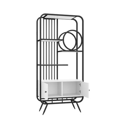 Metalen Rek – Opbergkast – Boekenplank – Wandmeubel – Sierrek – 180 cm Hoog – Zwart Metaal & Wit MDF – Dubbele Deuren – Ronde Hoeken