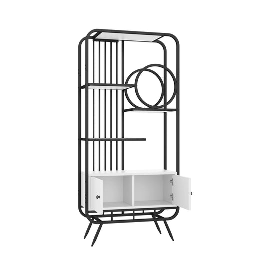 Metalen Rek – Opbergkast – Boekenplank – Wandmeubel – Sierrek – 180 cm Hoog – Zwart Metaal & Wit MDF – Dubbele Deuren – Ronde Hoeken