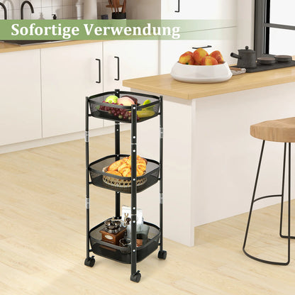 Opvouwbare 3-laagse Keuken- en Badkamer Trolley – Multifunctionele Opslagkar met Gaasmanden – Rijdende Organizer voor Keuken, Woonkamer, Slaapkamer, Babykamer – Zwart