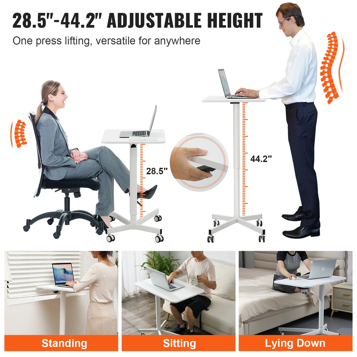 Bureautafel - Bureautafel voor Volwassenen - Bureautafel voor Computer - Computer bureau - Computer Tafel - Laptoptafel - Gaming Bureau - Gasveer - Hoogteverstelbaar - Zit-sta bureau - met wielen - Draagbaar - Rollende laptoptafel - 29.1x18.9in - Wit
