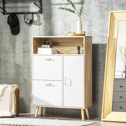Schoenenkast – Schoenenrek – Schoenenopberger – Schoenenmeubel – Opbergruimte Voor 8 Paar – Verstelbare Lades - 80 x 25.5 x 112.5 cm - Wit & Natuurlijk Hout - QUORE