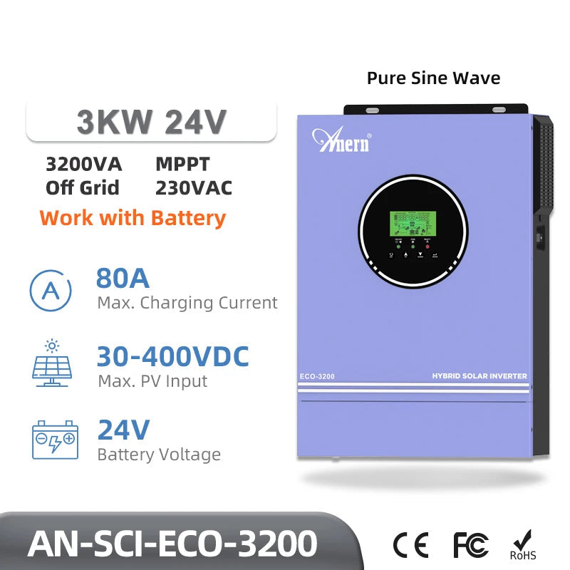 Hybride Zonne-Energie Omvormer 3 KW – Solar Inverter – Zonne-Omvormer – Off-Grid Omvormer – Pure Sinusgolf Omvormer – Zonder WiFi – Maximaal 97% Efficiëntie – Ingebouwde Mppt Zonnelader 80A - QUORE
