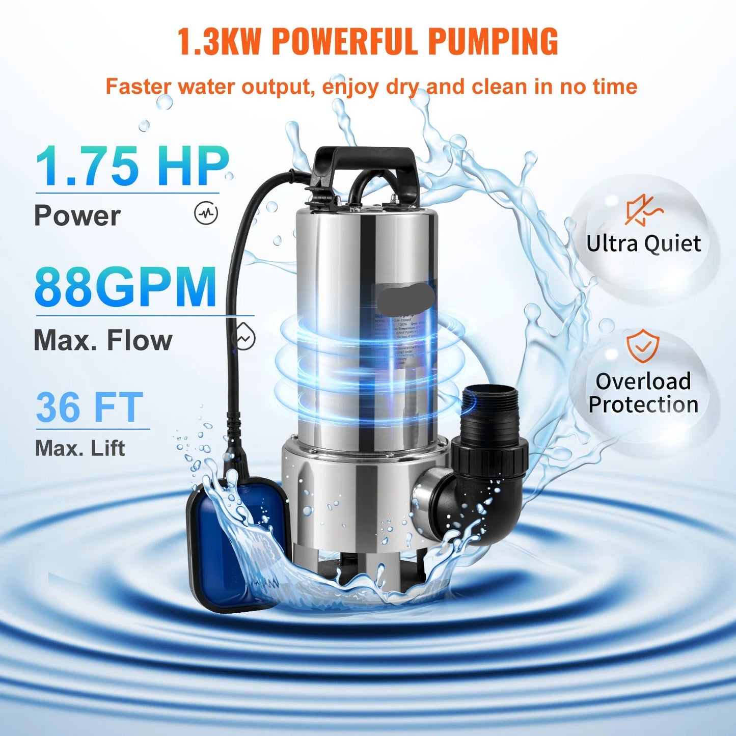 Dompelpomp - Waterpomp - Pomp - Vuilwaterpomp - 1300W - RVS - 20000L/H - met 10 Meter Snoer - voor Kelder, Zwembad en Vijver