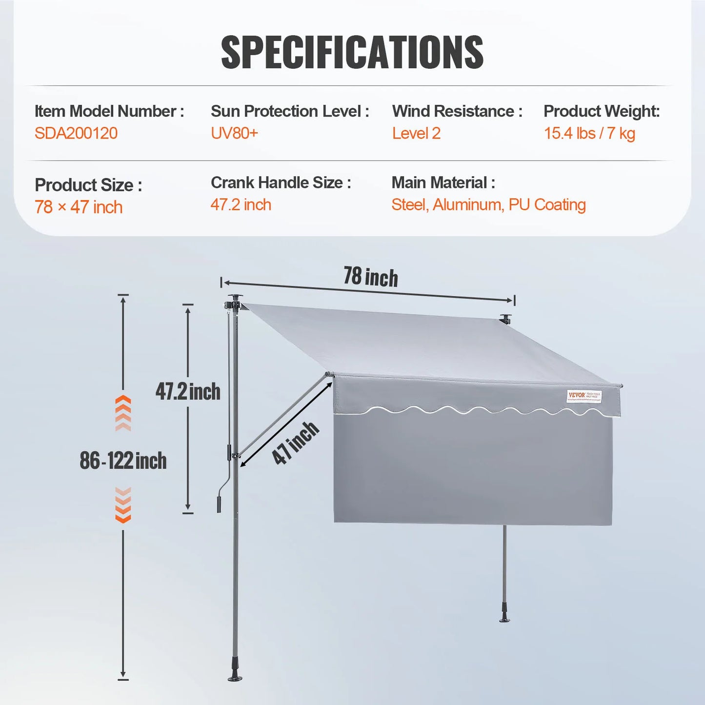 Klemluifel - Uitschuifbare Zonwering - Balkonluifel - 78 x 47inch - Handmatig Verstelbaar - Waterdicht & UV80+ Bescherming - Voor Tuin - Balkon en Terras