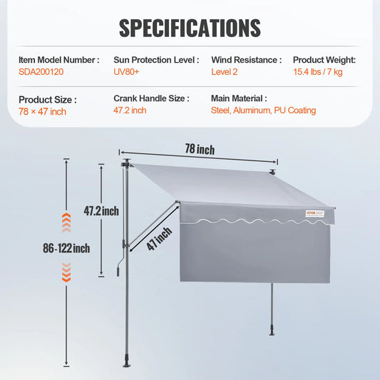 Klemluifel - Uitschuifbare Zonwering - Balkonluifel - 78 x 47inch - Handmatig Verstelbaar - Waterdicht & UV80+ Bescherming - Voor Tuin - Balkon en Terras