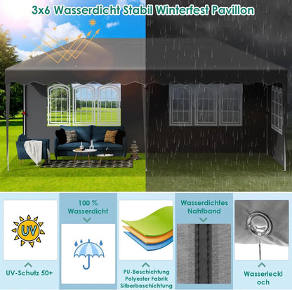 Partytent – Pop-Up Tuinfeesttent – Tuinoverkapping – Schaduwtent – Markttent – Waterdicht 420D Oxford – Verstelbare Hoogte - 3x6m - Grijs