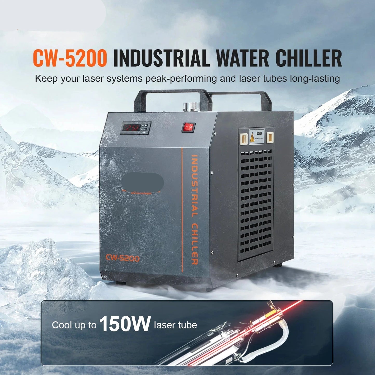 Industriële Waterkoeler - Chiller Industriële – 7L Capaciteit – Tot 180W CO₂ Laserbuizen – Compressor Koelsysteem - 600×300×500mm - voor Lasergraveermachines - Grijs
