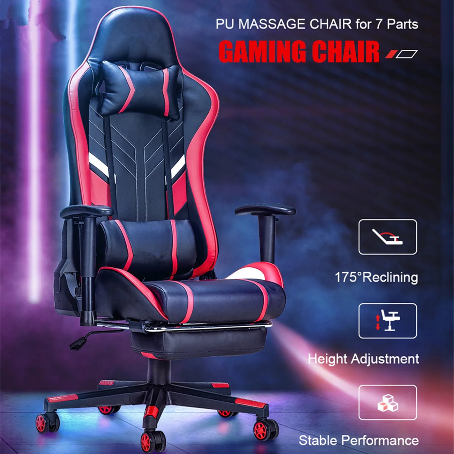 Gamingstoel – Bureaustoel – Gamedstoel – Computestoel – Massagestoel – Verstelbaar Tot 175° – PU-Leer Met Massagefunctie - Zwrat-Rood
