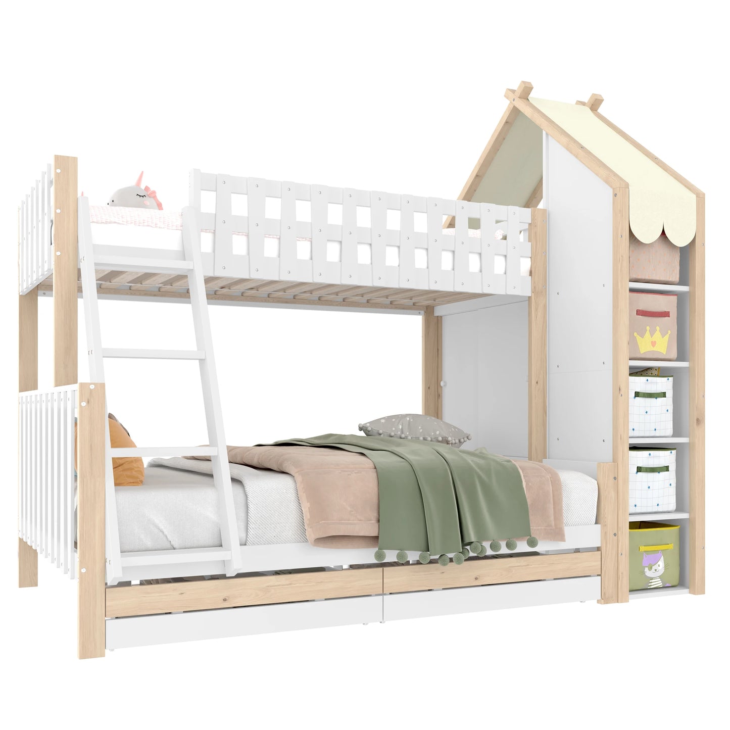 Stapelbed – Hoogslaper – Bedbank – Kinderbed – Twijfelaar – 90x200 cm – Ingebouwd Bureau en Nachtkastje Met Stopcontact & USB – 2 Laden Zonder Matras