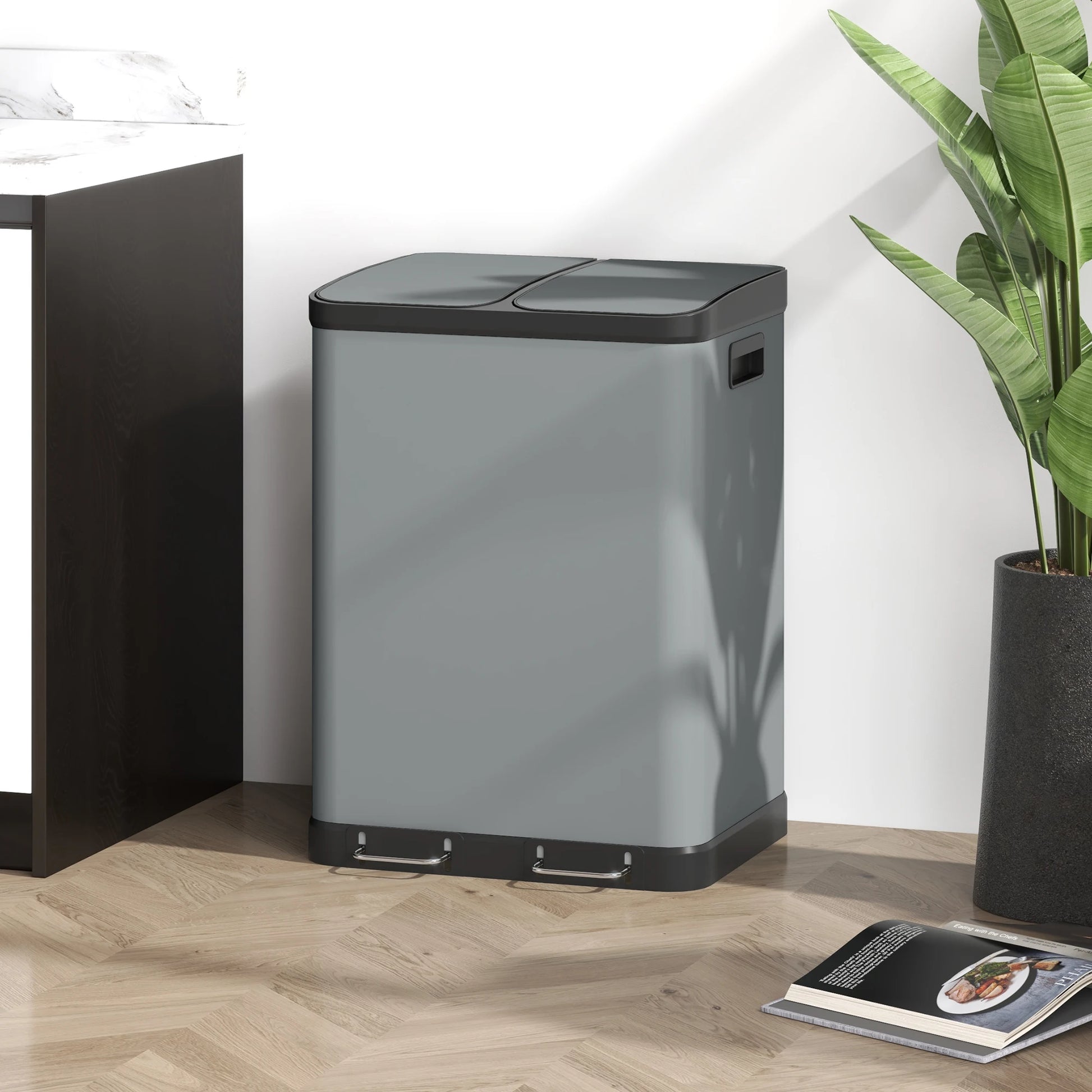 Dubbele Afvalbak – Afvalemmer – Vuilnisbak – Afvalscheider – Prullenbak – 2X30 Liter – Vingerafdrukbestendig – Voetpedaal - QUORE