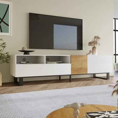 TV-meubel – TV-kast – Tv-meubel – Tv-kast – Woonkamermeubel – Wit met houtkleur – Multifunctioneel met 2 lades – Afmetingen 180x38x50 cm