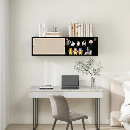 Kast – Boekenkast – Tv-Meubel – Woonkamerkast – Schuifdeuren – Geperst Rattan – Verstelbare Planken - 110 x 40 x 30.8 cm - Zwart