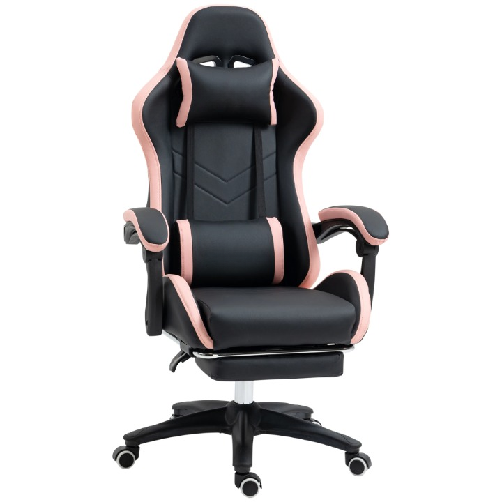 Gaming Stoel - Bureaustoel - Swivel Stoel - met Voetsteun - Hoofdsteun - Verstelbare - Rugleuning - Lendenkussen - Ergonomische - Draaibare - 65 x 65 x 121-129 cm - Zwart & Roze - QUORE