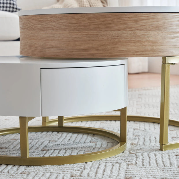 2-delige Salontafel Set - Wit &amp; Houtkleur - Inklapbare Nesting Tafel met 2 Lades - Verstelbare Hoogte - Woonkamer