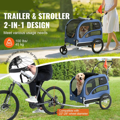 Hondenfietskar - Fietskarren - Fietskar - Fietskar Bagage - 2-in-1 Pet Stroller - 100Lbs - Opvouwbaar - Inklapbare Aanhanger - met Wielen Universele Koppeling - voor Honden Katten